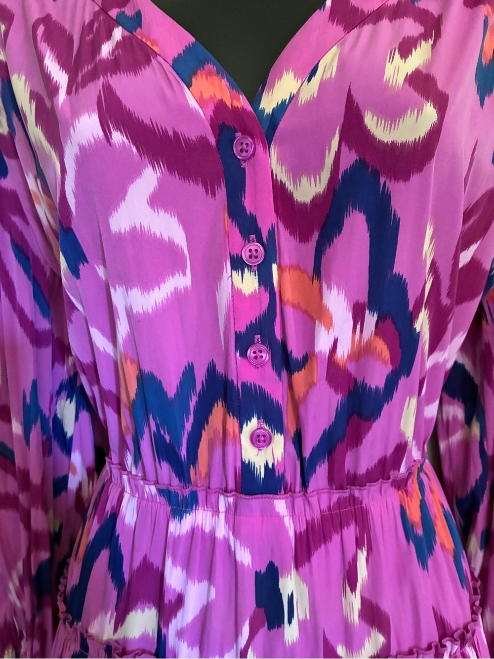 Chico's Fuchsia Pink Navy Ikat Resortwear Beach Tiered V-Neck Maxi Dress Sz 2P - Picture 11 of 12